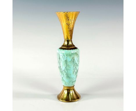 Turquoise toned with lustre finish &amp; branch patterning. Brass upper portion and base.Holland on bottom of piece. This ite