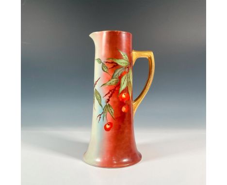 Tall pitcher decorated with hand-painted bright red cherries, green leaves, brown background. W.G. &amp; Co. backstamp. Dimen