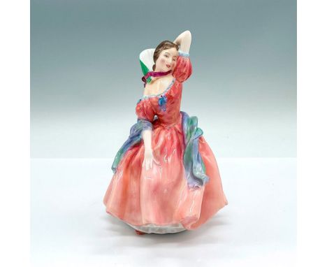 Glazed figure of a young lady in a pink dress with a green and blue scarf. Royal Doulton backstamp. Artist: Leslie HarradineI