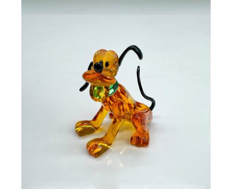 Medium topaz smooth and faceted crystal figure of seated happy Pluto with a green collar. Part of the Mickey and Friends coll