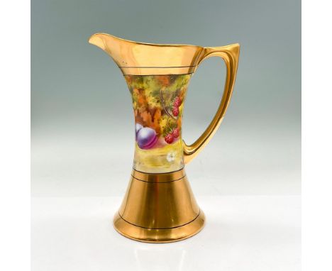 Slender pitcher with hand-painted purple plums, red raspberries and purple grapes; gold handle, base, top and rim. Signed Vok