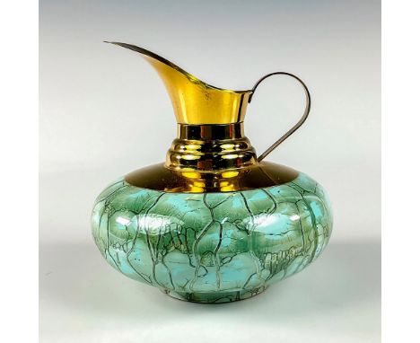 Turquoise toned with lustre finish &amp; branch patterning. Brass accented handle and spout.Rounded and flattened shape botto
