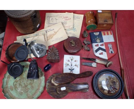 A SHORT KNIFE IN SCABBARD, VINTAGE TAPE MEASURE, AN ARMORIAL PLAQUE by H. K. Lewis &amp; Co, Florentine tray, two spelter rab