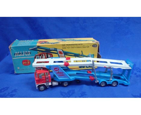 A CORGI TOYS NO.1138, CAR TRANSPORTER WITH FORD TILT CAB 'H' SERIES TRACTOR (damage to the box)