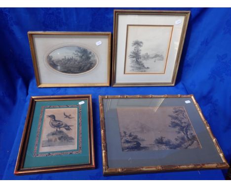 TWO 19th CENTURY DRAWINGS OF LANDSCAPES WITH RUINED CASTLES one a moonlight scene heightened with white, with a lithograph of