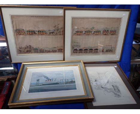 A PAIR OF EARLY 19th CENTURY FRENCH RAILWAY PRINTS hand coloured, showing passenger and freight trains on the Lyons to St Eti