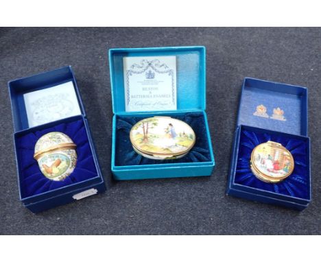 THREE HALCYON DAYS ENAMEL BOXES Christmas 1978, Easter 1982 and a Bilston style box (one damaged)