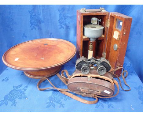 A PAIR OF VINTAGE DOLLOND BINOCULARS cased, a cased sea compass by Watts Ltd, and a turned wooden lazy Susan