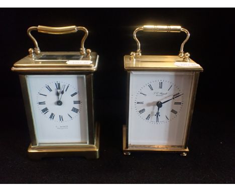 A BRASS CARRIAGE CLOCK, J. BOSEC, CALCUTTA (runs, but key missing), and a modern battery movement carriage clock (2)