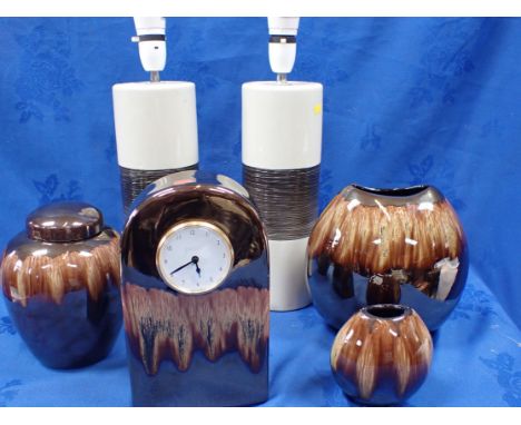 A POOLE POTTERY CLOCK, TWO MATCHING VASES a lidded jar, and a pair of modern pottery table lamps