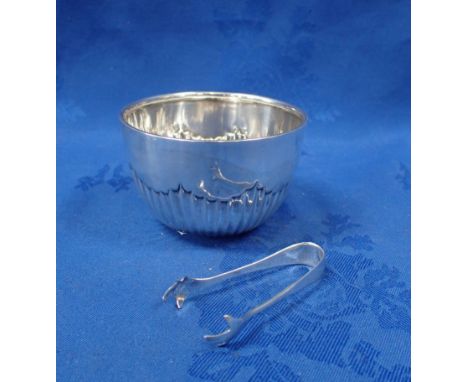 SILVER SUGAR BOWL AND TONGS 