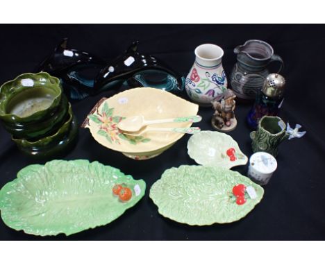 A CARLTON WARE AUSTRALIAN DESIGN SALAD BOWL WITH SERVERS (some staining), Goebel Hummel figure, Poole vase, and other ceramic