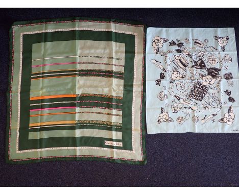 CHRISTIAN DIOR: A HEADSCARF with coloured and floral stripe on green, and a Chanel scarf (some fading)(2)