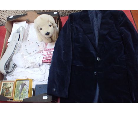 A MAN'S VINTAGE VELVET JACKET approx. 36'' chest, and a quantity of linens, table mats and an Andrex puppy