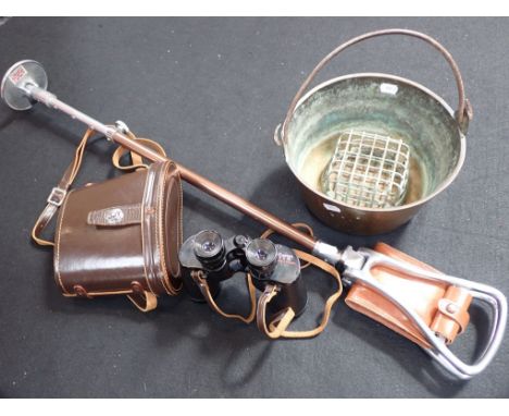 A CASED PAIR OF CANON 7 X 35 BINOCULARS, A SHOOTING STICK and a brass pan, with flower 'frog'