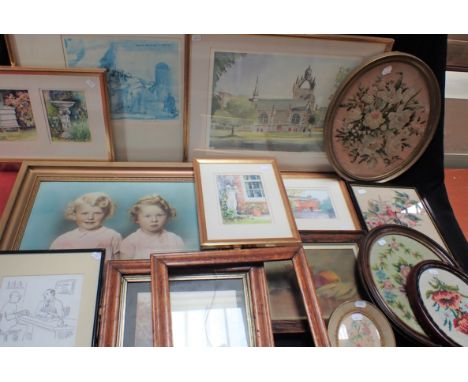 A ROLAND BATCHELOR SIGNED PRINT (faded) two Victorian maple frames, wool work pictures, and other pictures