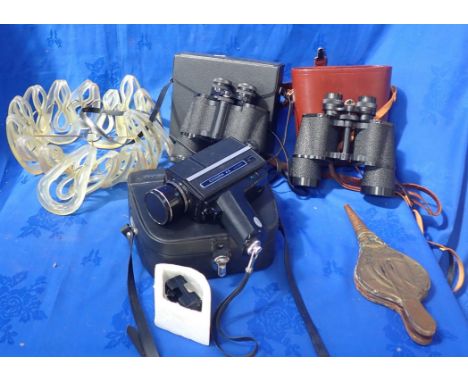 A CHINON 44 FILM CAMERA together with two binoculars, a brass decorated small bellows and a 1960s Perspex light fitting  