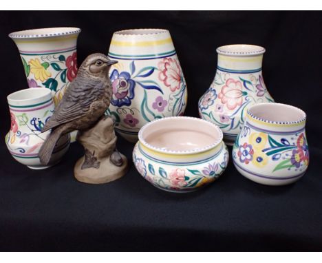 SIX POOLE POTTERY VASES, TRADITIONALLY PAINTED (one with chipped foot), and a B. Lindley-Adams bird (chipped tail)