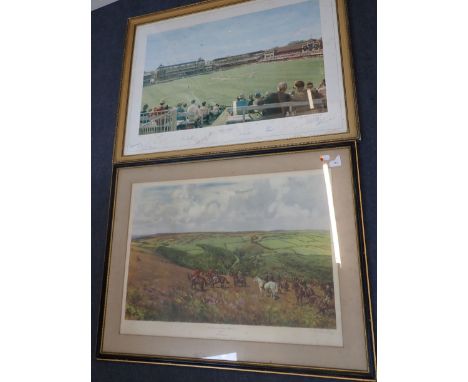 A LIONEL EDWARDS PRINT; THE DEVON AND SOMERSET STAGHOUNDS and a cricketing print, with signatures, England v, Australia 1980
