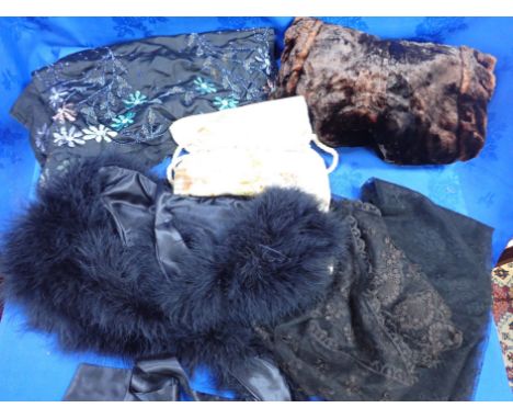 TWO BLACK LACE SHAWLS and embroidered silk table runner, an embroidered silk bag, a fur muff and a feather boa