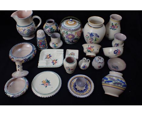 A COLLECTION OF POOLE POTTERY including a Carter Stabler Adams stamped candlestick, a sugar caster, and other items (some a/f