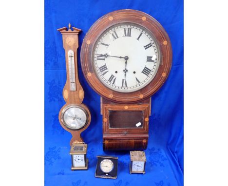 A BRASS CASED CARRIAGE CLOCK another with alarm, an American drop-dial wall clock, a 1930s travel clock, and a barometer (all