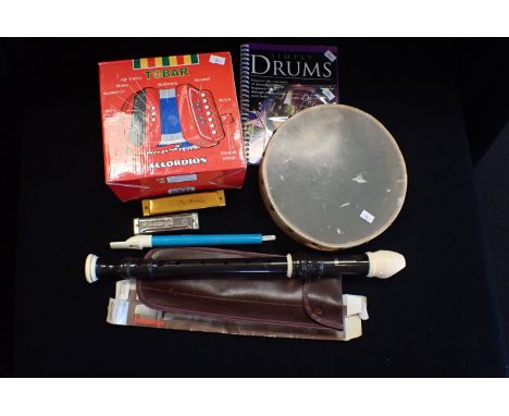 A RECORDER, TOY ACCORDION harmonica and other instruments