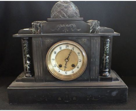 A VICTORIAN BLACK SLATE AND MARBLE MANTEL CLOCK of pillared architectural form, striking on a gong