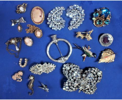 A WHITE METAL PLAID BROOCH OR SASH PIN: B. W. FASE, PATENT, LONDON' a large diamante butterfly, and various other brooches
