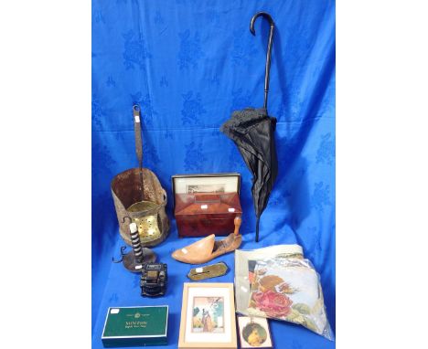 A SARCOPHAGUS SHAPED MAHOGANY, TEA CADDY a spring balance, a skimmer, a black parasol and other items  