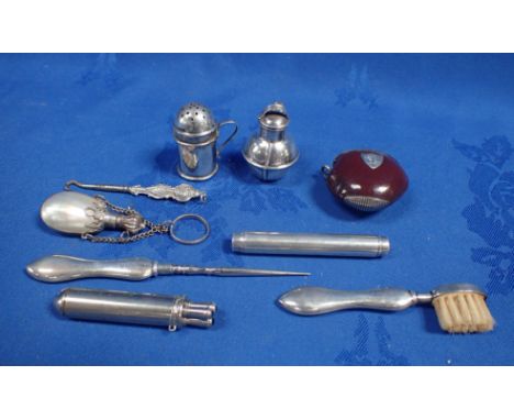 A STERLING SILVER MOUNTED NUT SNUFF BOX together with a white metal and mother of pear scent bottle, a white metal miniature 