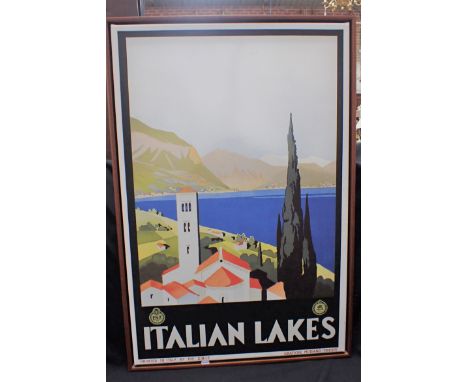 A DECORATIVE REPRODUCTION OF A VINTAGE TRAVEL POSTER 'ITALIAN LAKES', on canvas, framed 64 x 94cm