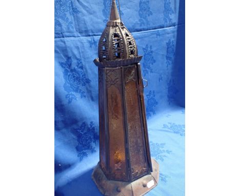 A MOROCCAN PENDANT LAMP of tapering form with glass panels
