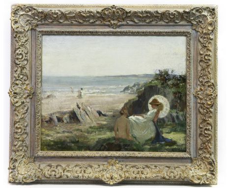 WILLIAM HANNA CLARKE (SCOTTISH 1882 - 1924), BATHERS ON THE SHORE oil on canvas, signed and dated 1918 41cm x 52cm Framed. Pr