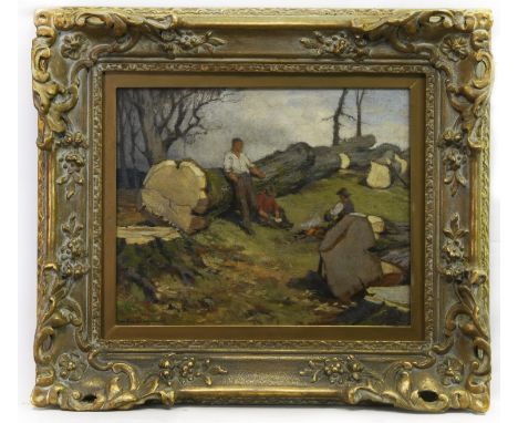 * CHARLES OPPENHEIMER RSA RSW (BRITISH 1875 - 1961), THE WOODSMEN oil on canvas, signed 37cm x 45cm Framed and under glass. N