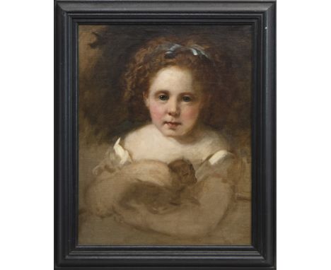 ATTRIBUTED TO SIR GEORGE REID PRSA HRSW (SCOTTISH 1841 - 1913), PORTRAIT OF A GIRL HOLDING A PUPPY oil on canvas, signed 'R' 
