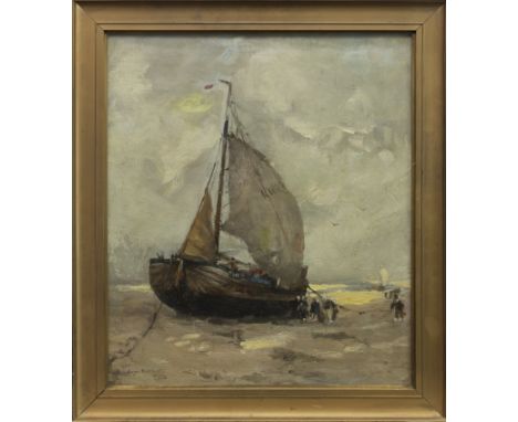 * EUGENE DEKKERT (GERMAN 1865 - 1956), BEACHED SAILING BARGE oil on canvas, signed 46cm x 54cm Framed and under glass. Note: 