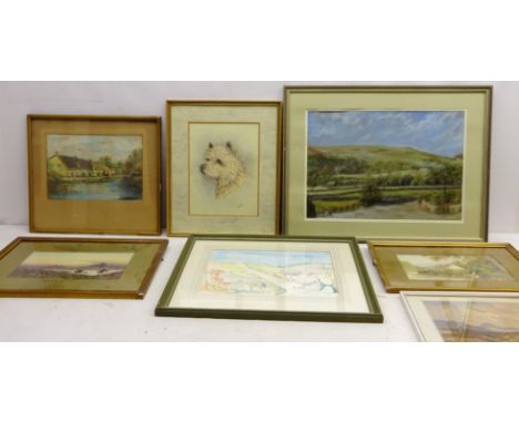 Collection of 19th century and later watercolour and oils including Cairn Terrier, Evening on the Devon Moors, signed by Fair