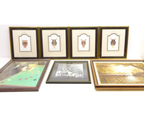 Classical Urns, four contemporary colour lithographs in matching frames, Deer in the Woodland, 20th century oil on canvas uns