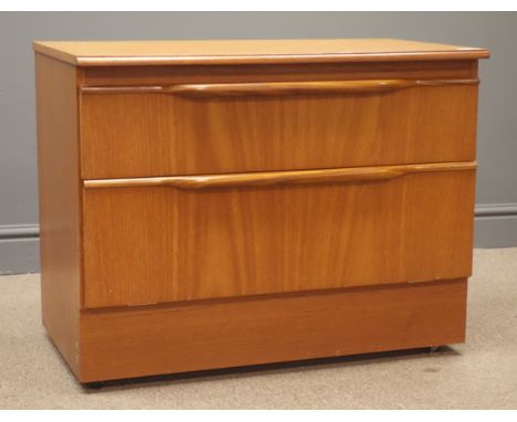 1970s teak chest, single drawers above fall front enclosing retractable shelf, plinth base on castors, W75cm, H59cm, D43cm