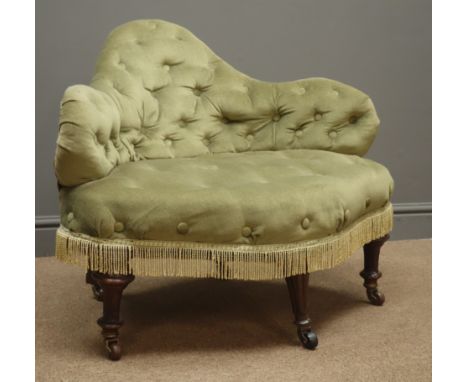 Small Victorian shaped back settee, upholstered in light green buttoned velvet, turned and reeded supports