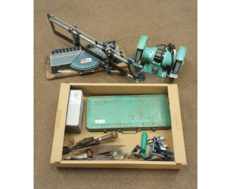 Tools including double headed bench grinder, socket set, mitre saw, hand drill and other hand tools
