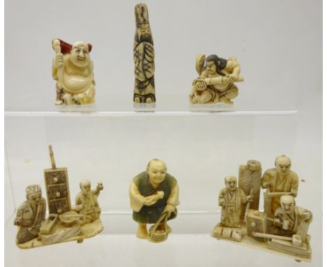 Two Japanese Meiji Period Ivory Netsukes, man collecting mushrooms and another pulling a bamboo trunk, a bone carving of a De