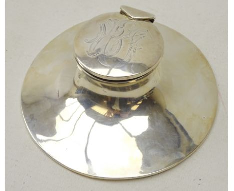 Early 20th century silver capstan inkwell with engraved monogram to lid, hallmarks rubbed, D13cm 