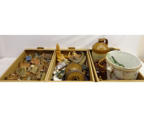 Collection of ceramic cottages, quantity of chess pieces, various other figures, stoneware flagon Edwardian slop pail, soapst