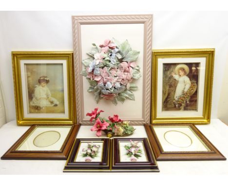 Pair of prints of girls with flowers, in gilt frames, W50cm, H60cm, two Capodimonte flower wall plaques, ceramic flowers, fra