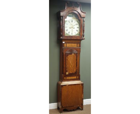 19th century mahogany crossbanded oak longcase clock, arched painted dial with subsidiary seconds dial, 8-day movement striki