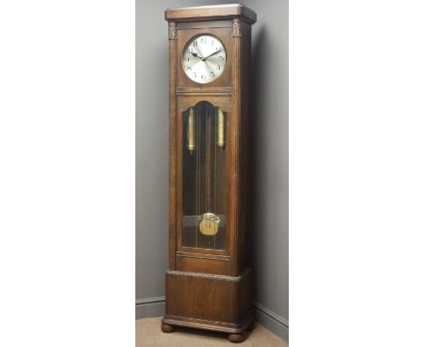 Early 20th century oak longcase clock, silvered Arabic dial, triple weight driven movement, chiming the hours and quarters on