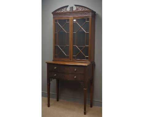 Edwardian Chippendale style mahogany cabinet, pierced swan neck pediment, two astragal glazed doors above serpentine moulded 