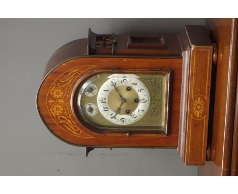 Early 20th century inlaid walnut bracket mantel clock, engraved brass dial with silvered Arabic chapter ring, chime/silent an
